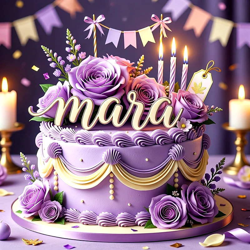Tarta de cumpleaños de color lila decorada con grandes rosas moradas, velas encendidas, banderines y el nombre Mara escrito en letras elegantes al frente.