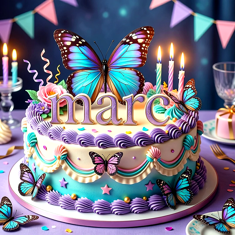 Tarta de cumpleaños decorada en tonos pastel y lila con mariposas de colores, velas encendidas y el nombre Marc en letras grandes.
