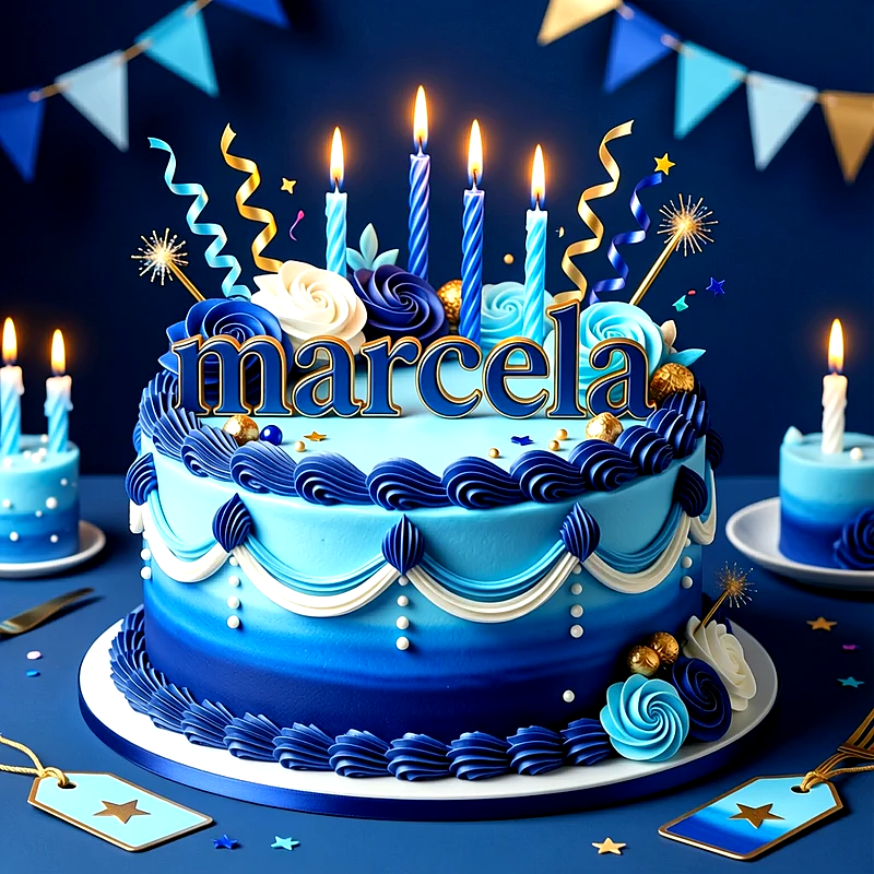 Tarta de cumpleaños azul con velas encendidas, detalles dorados y rosas de crema con el nombre Marcela al frente.