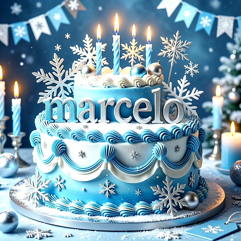 Tarta de cumpleaños azul y blanca de dos pisos con copos de nieve, velas encendidas y el nombre Marcelo en relieve.