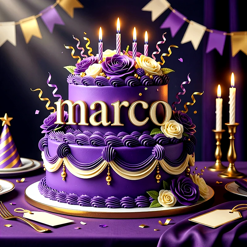 Tarta de cumpleaños de dos pisos en color morado con flores, velas encendidas y el nombre Marco en letras doradas al frente.