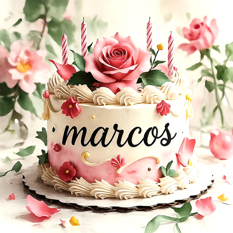 Tarta de cumpleaños blanca y rosa decorada con una gran rosa rosa, velas de rayas y el nombre Marcos escrito en el lateral.