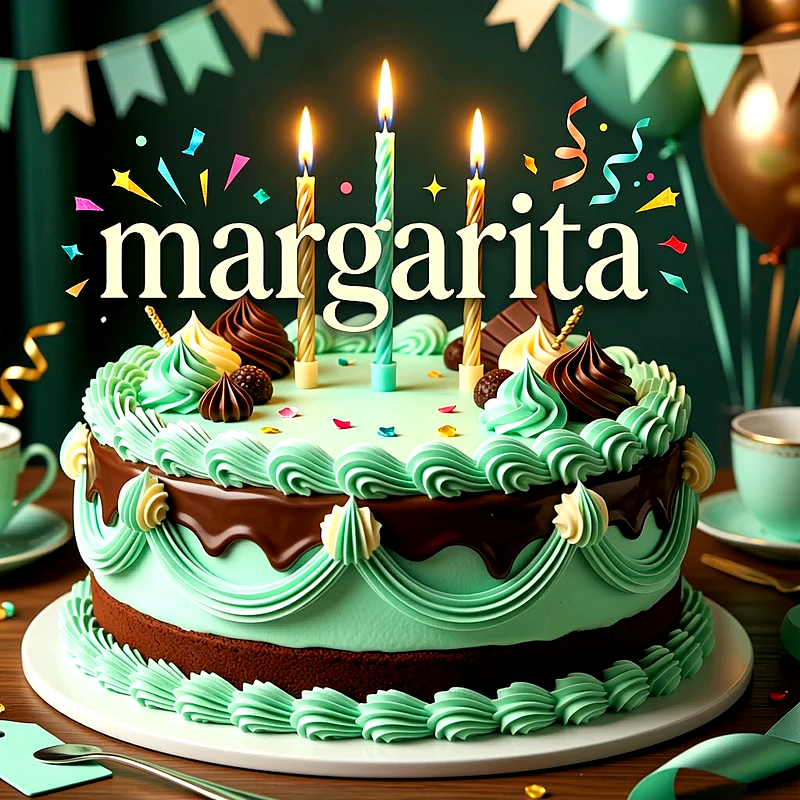 Tarta de cumpleaños verde menta y chocolate con tres velas encendidas y el nombre Margarita escrito arriba en letras claras.