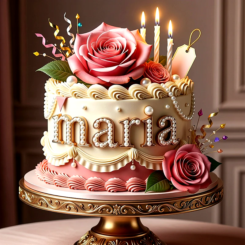 Tarta de cumpleaños blanca y rosa decorada con grandes rosas, perlas, velas encendidas y el nombre Maria escrito al frente.
