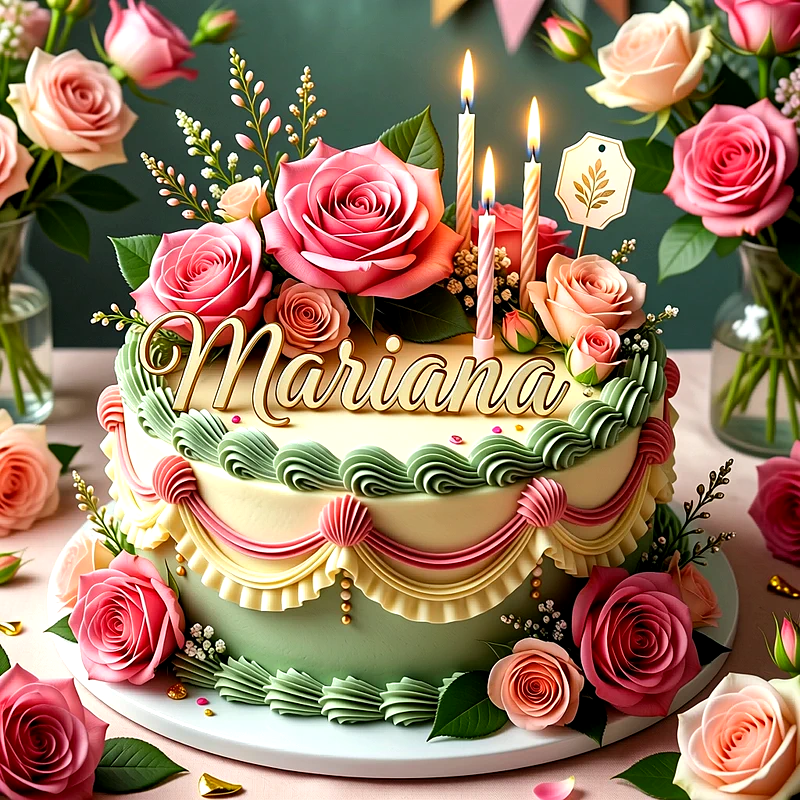 Tarta de cumpleaños decorada con flores rosas y velas encendidas, con el nombre Mariana destacado al frente en letras doradas elegantes.