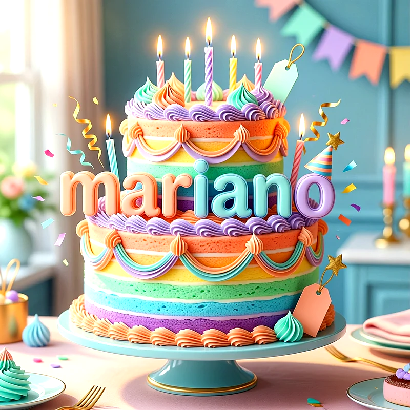 Tarta de cumpleaños de dos pisos multicolor con velas encendidas, guirnaldas y el nombre Mariano escrito al frente con letras en relieve.