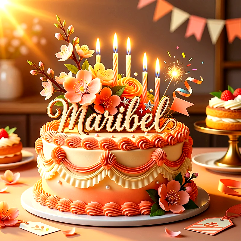 Tarta de cumpleaños decorada en tonos naranja y crema con flores, velas encendidas y el nombre Maribel escrito en letras doradas.