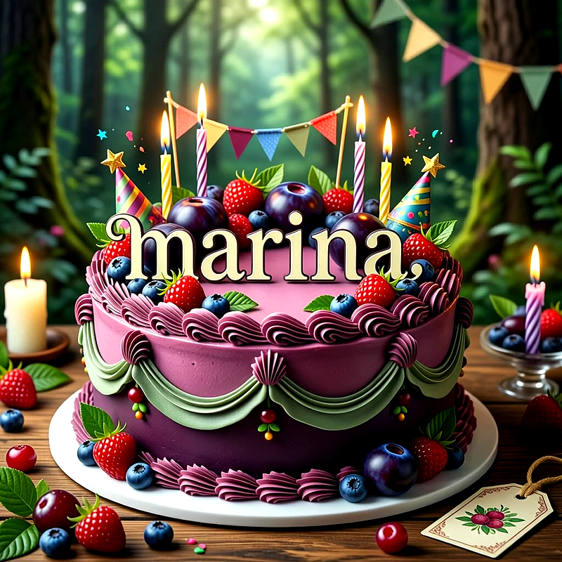 Tarta de cumpleaños de color lila decorada con fresas, arándanos, velas encendidas y el nombre Marina escrito al frente en letras grandes.