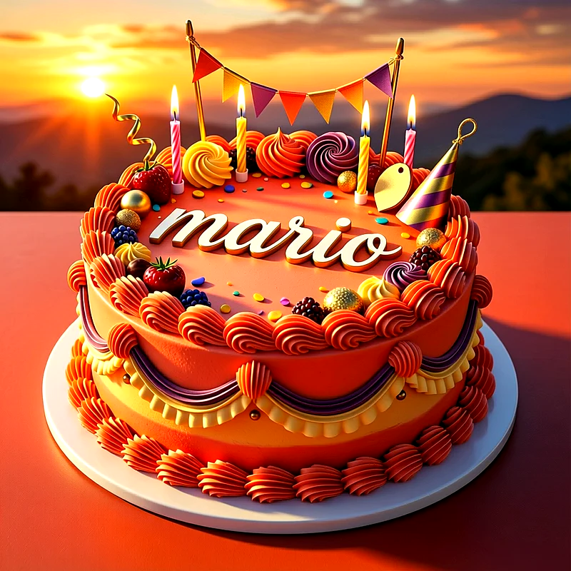 Tarta de cumpleaños de tonos naranja y rojo con velas encendidas, banderines, frutos rojos y el nombre Mario escrito en letras blancas.