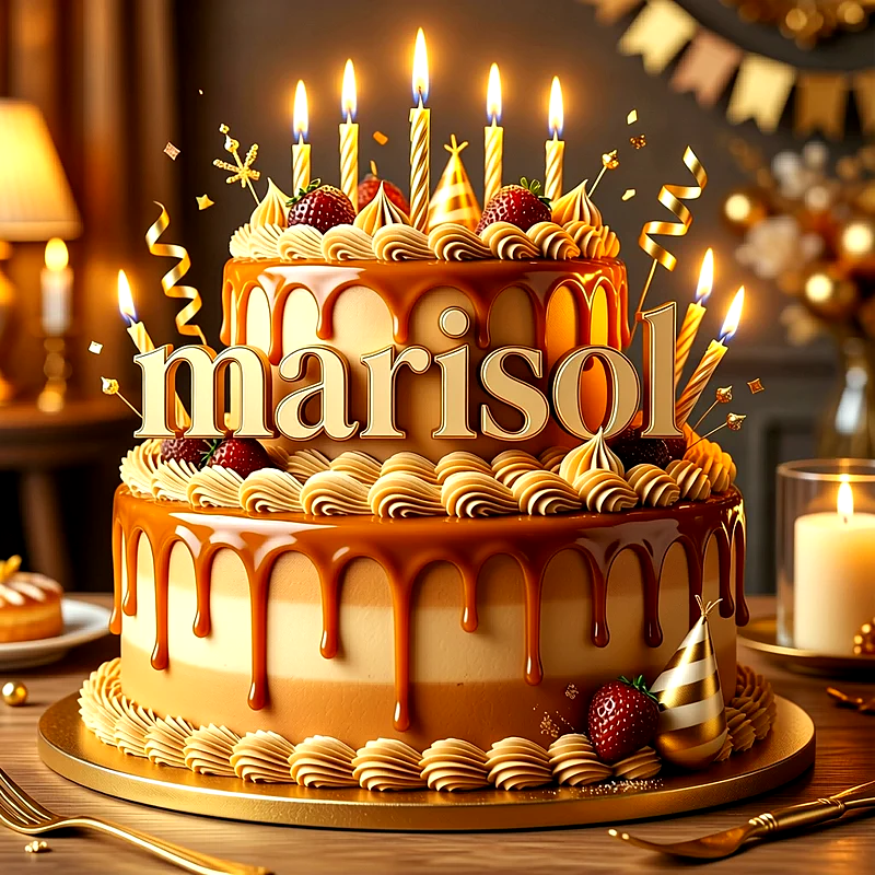 Tarta de dos pisos decorada con caramelo, fresas frescas y velas encendidas, con el nombre Marisol destacado en letras doradas tridimensionales.
