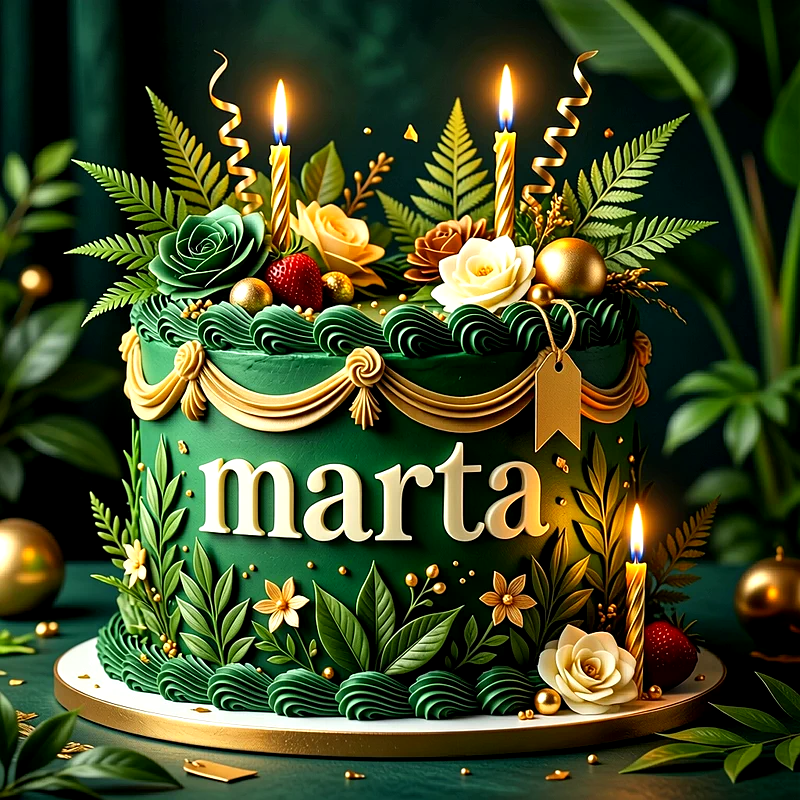 Tarta de cumpleaños verde con velas doradas encendidas, flores elegantes, detalles dorados y el nombre Marta escrito en letras claras al frente.
