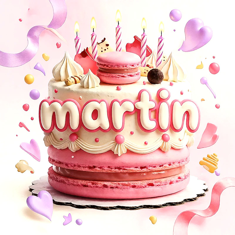 Tarta de cumpleaños blanca y rosa con forma de macarrón, merengues, velas encendidas y el nombre Martin al frente.