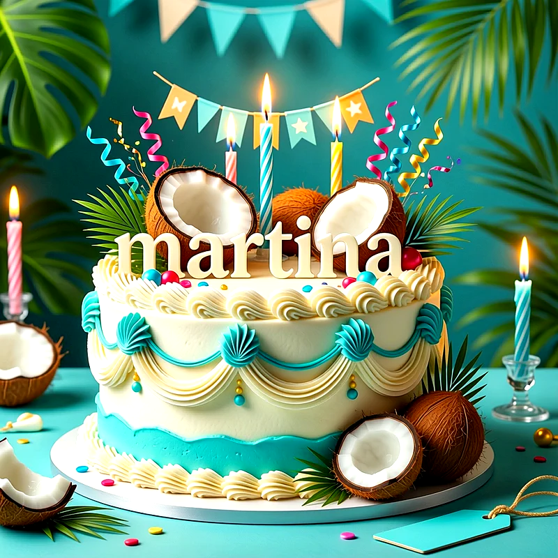 Tarta de cumpleaños blanca y azul decorada con cocos partidos, velas encendidas, banderines y el nombre Martina escrito en el centro.