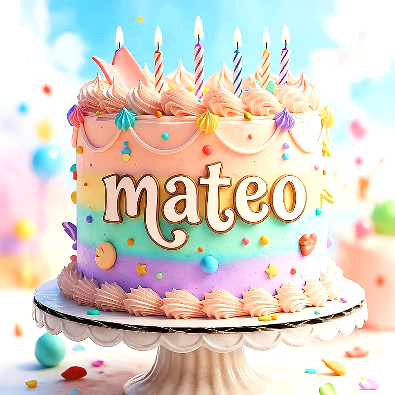 Tarta de cumpleaños moderna en tonos pastel pastel con velas encendidas, dulces de colores y el nombre Mateo escrito al frente.