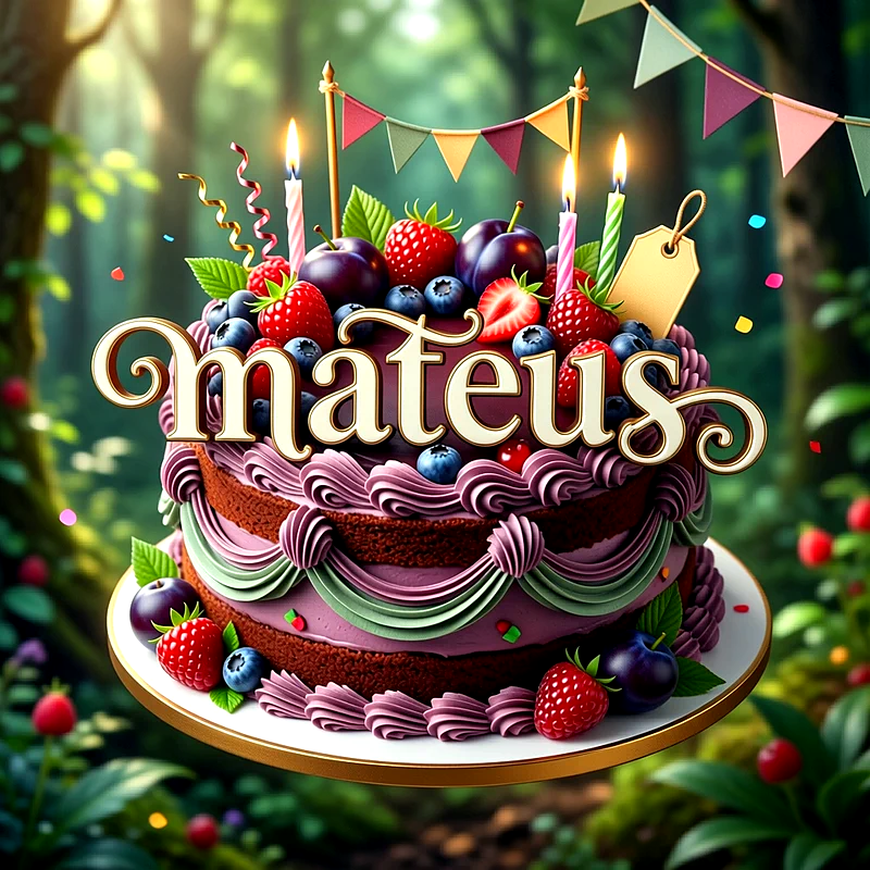 Tarta de cumpleaños de chocolate decorada con fresas, moras, velas encendidas y guirnaldas, con el nombre Mateus escrito al frente en letras doradas.