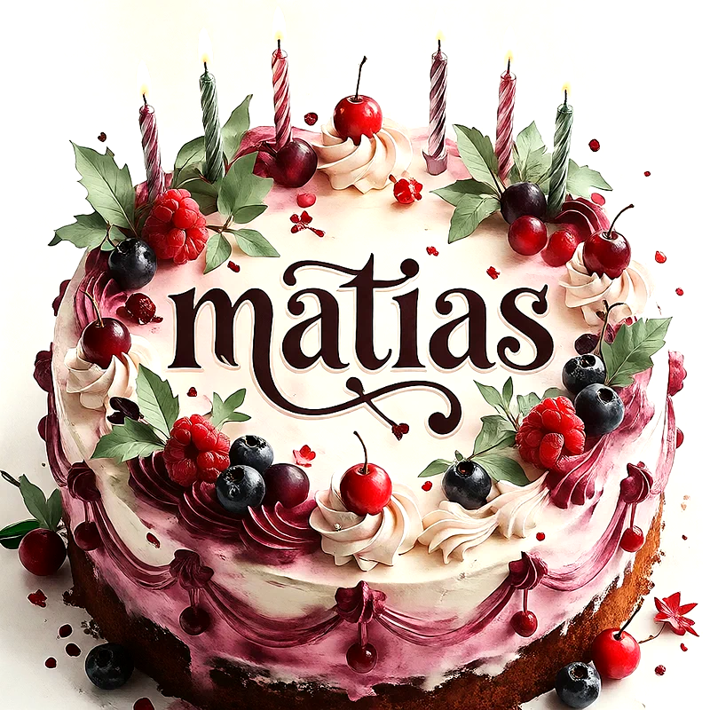 Tarta de cumpleaños blanca con frutos rojos, cerezas y velas encendidas, con el nombre Matias escrito al centro en letras oscuras.