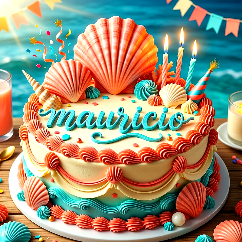 Tarta de cumpleaños decorada con conchas marinas, crema en tonos coral y turquesa, velas encendidas y el nombre Mauricio al frente.
