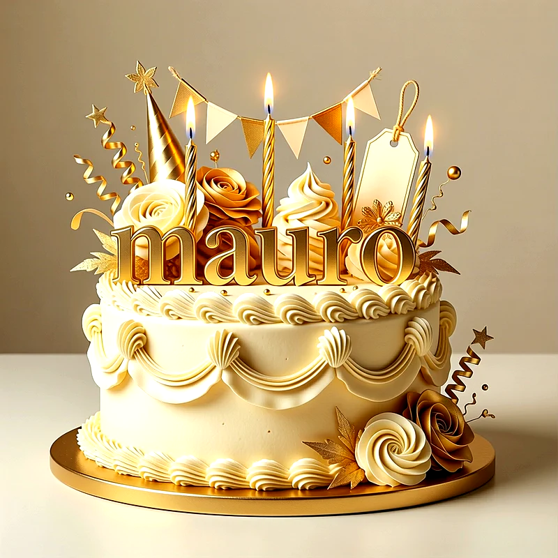 Tarta de cumpleaños de color crema con decoraciones doradas, velas encendidas, flores elegantes y el nombre Mauro escrito en letras grandes y brillantes sobre el pastel.