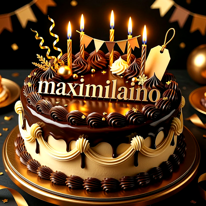 Tarta de cumpleaños de chocolate y crema con velas doradas encendidas y el nombre Maximiliano escrito en letras claras al frente.