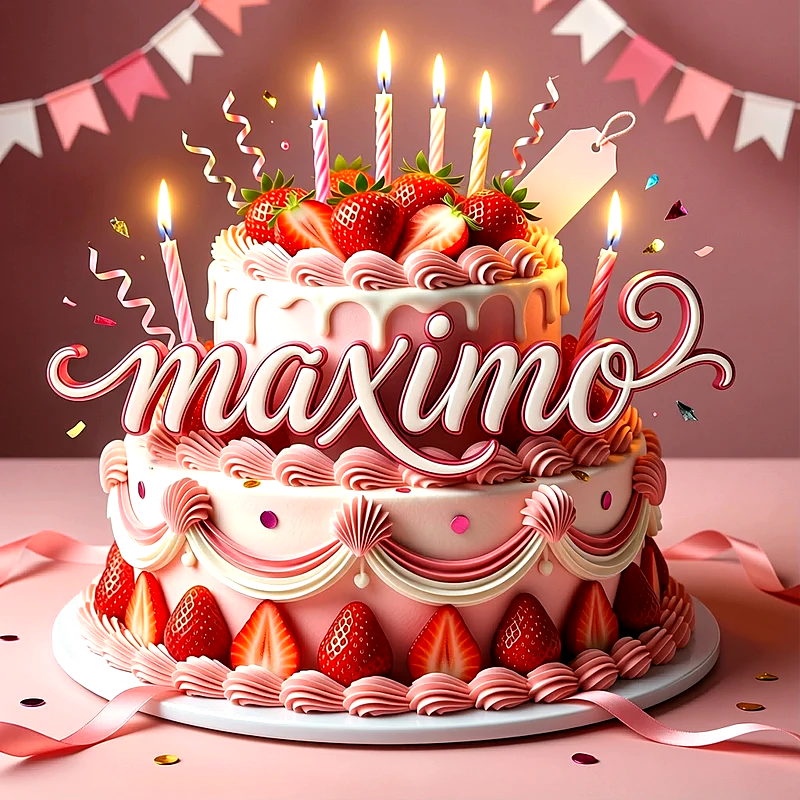 Tarta de cumpleaños rosa de dos pisos decorada con fresas frescas y velas encendidas, con el nombre Maximo escrito al frente en letras cursivas blancas.