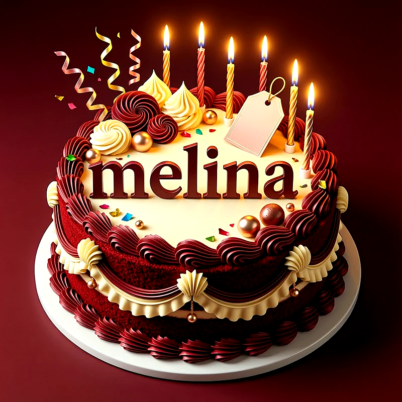 Tarta de cumpleaños de color rojo y crema decorada con velas encendidas, espirales de crema y el nombre Melina escrito en el centro.