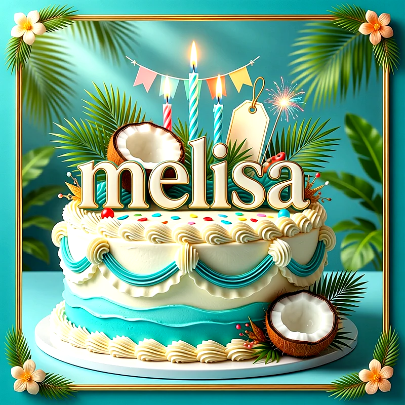 Tarta de cumpleaños blanca y azul turquesa decorada con cocos, palmeras y velas encendidas, con el nombre Melisa en letras grandes.