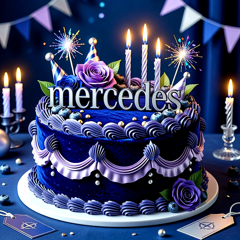 Tarta de cumpleaños azul y lila con velas encendidas, rosas y arándanos, con el nombre Mercedes escrito en letras plateadas.