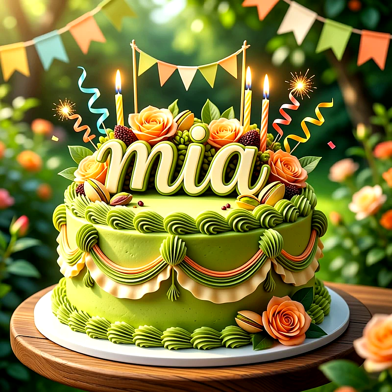 Tarta de cumpleaños de color verde pistacho decorada con flores anaranjadas, guirnaldas, velas encendidas y el nombre Mia en la parte superior.