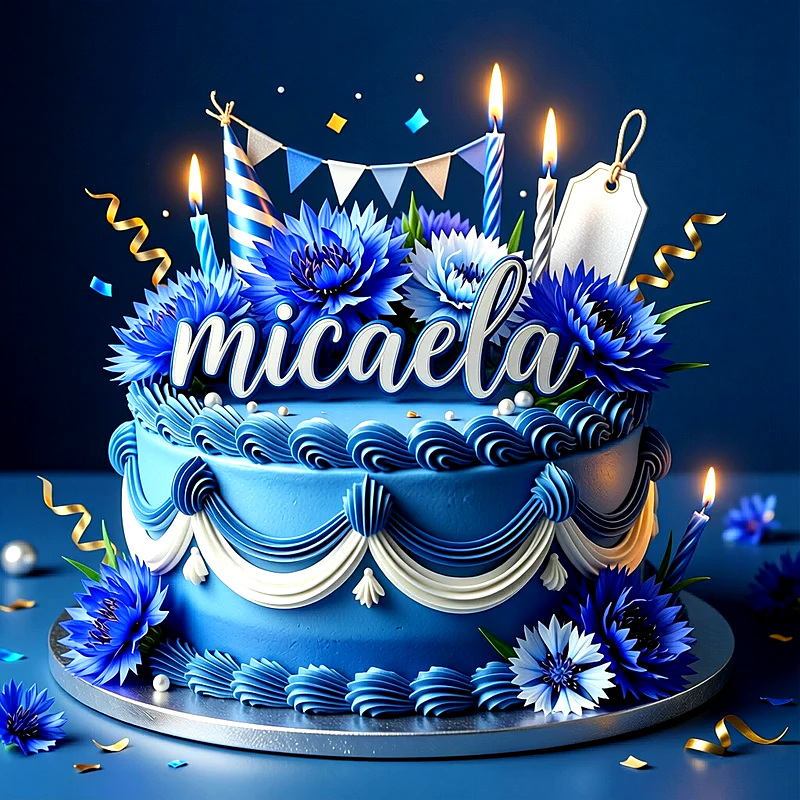 Tarta de cumpleaños de color azul decorada con flores azules, velas encendidas, banderines y el nombre Micaela escrito al frente con letras blancas.