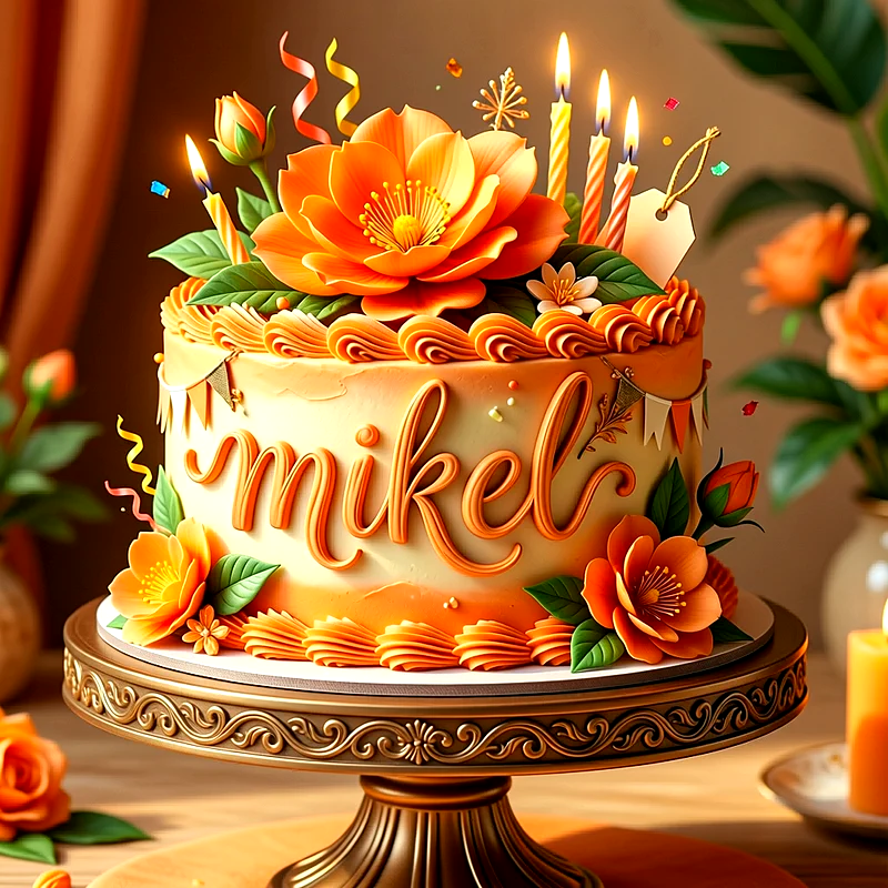 Tarta de cumpleaños decorada en tonos naranjas con flores grandes, velas encendidas y el nombre Mikel escrito al frente en relieve.