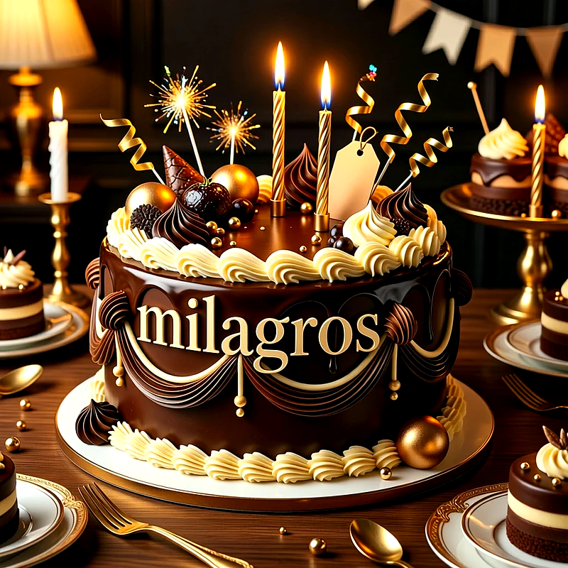 Tarta de cumpleaños de chocolate oscuro decorada con crema blanca, velas doradas encendidas, detalles de oro y el nombre Milagros escrito al frente.