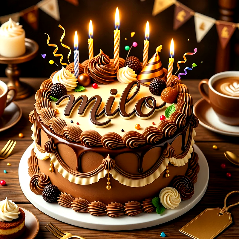 Tarta de cumpleaños de chocolate con velas encendidas, crema y el nombre Milo escrito encima en un estilo elegante.