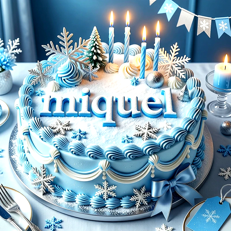 Tarta de cumpleaños de color azul y blanco decorada con copos de nieve, velas encendidas y el nombre Miquel en el centro.