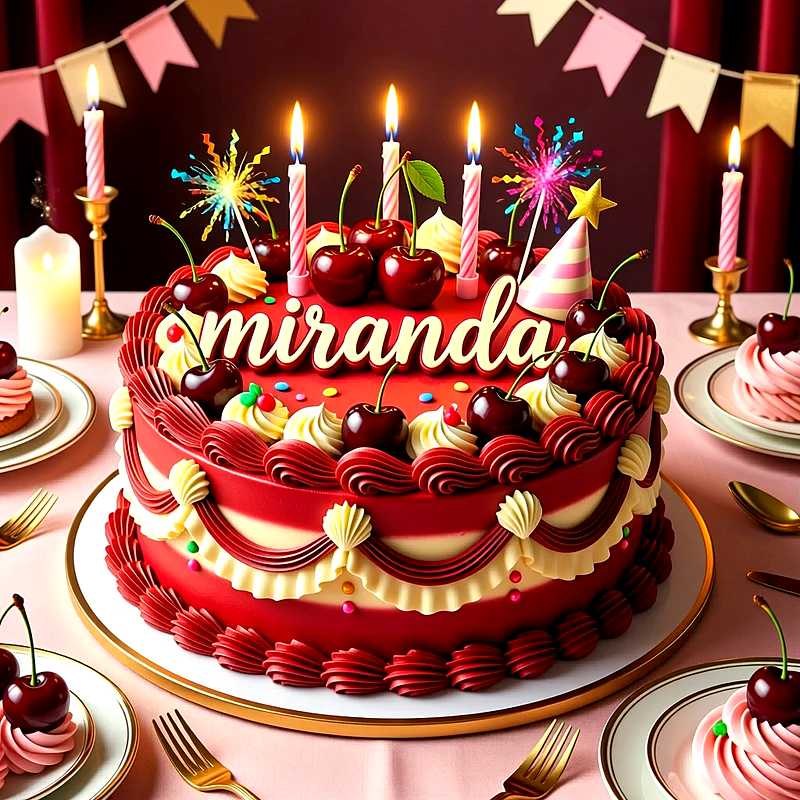 Tarta de cumpleaños roja con cerezas frescas y velas encendidas, con el nombre Miranda escrito de forma elegante en letras blancas sobre la superficie decorada.