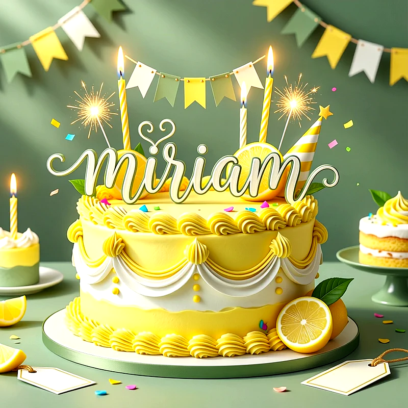 Tarta de cumpleaños amarilla con limones, velas encendidas, guirnaldas y el nombre Miriam escrito en la parte superior.