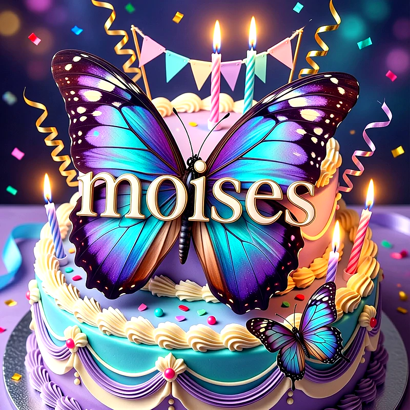 Tarta de cumpleaños decorada en tonos violeta y azul con mariposas brillantes, velas encendidas, confeti de colores y el nombre Moises escrito en letras grandes y elegantes al frente.