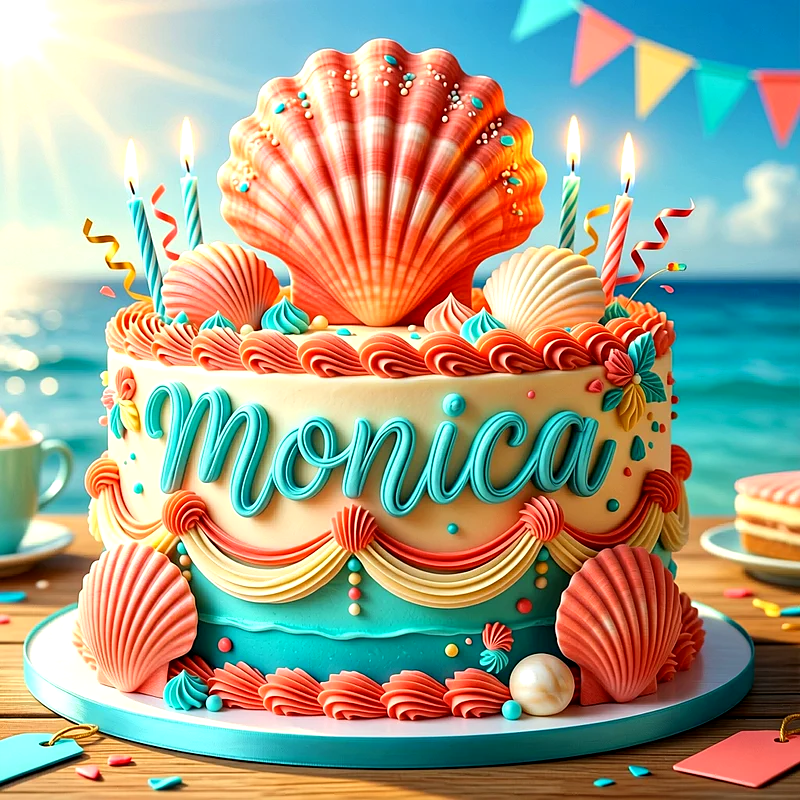 Tarta de cumpleaños decorada con conchas marinas, colores azul y melocotón, velas encendidas, con el nombre Monica escrito en letras de color azul turquesa en el frente.