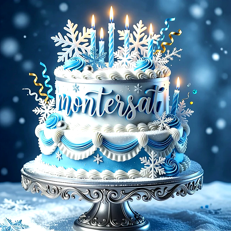 Tarta de cumpleaños de dos pisos en tonos azul y blanco decorada con copos de nieve, velas encendidas y el nombre Montserrat.