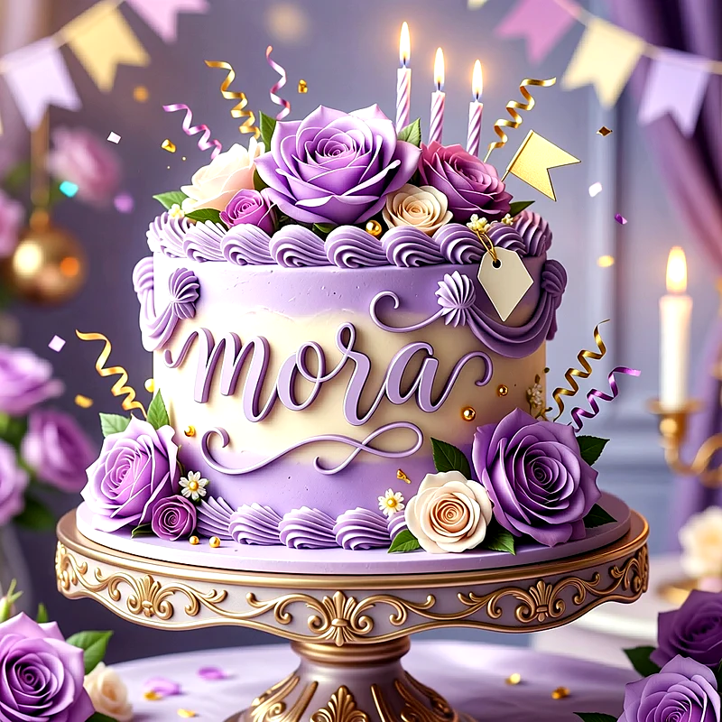 Tarta de cumpleaños en tonos lila y crema, decorada con rosas grandes y cintas de colores, con el nombre Mora escrito en letras cursivas al frente del pastel.