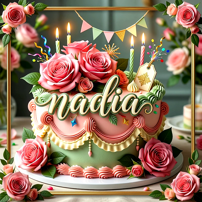 Tarta de cumpleaños decorada en tonos rosa y verde con grandes rosas, velas encendidas y el nombre Nadia en relieve al frente.