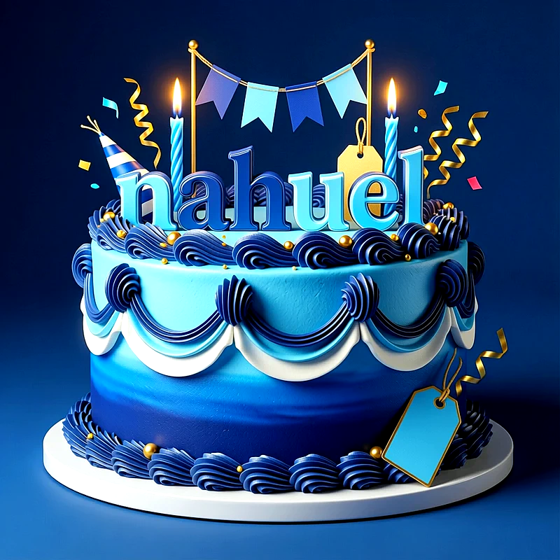 Tarta de cumpleaños azul con velas encendidas, guirnaldas y serpentinas, con el nombre Nahuel modelado en letras azules en la parte superior.