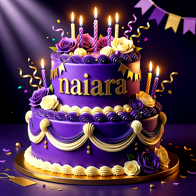 Tarta de cumpleaños de dos pisos en color lila y morado con flores, velas encendidas y el nombre Naiara en letras doradas.