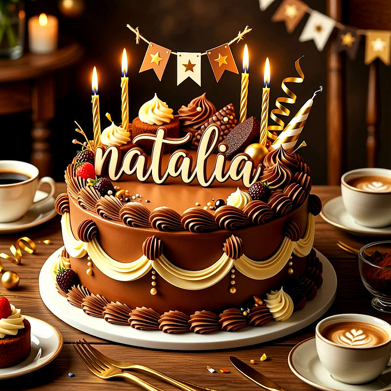 Tarta de cumpleaños de chocolate decorada con velas encendidas, guirnaldas, copetes de crema y el nombre Natalia escrito al frente.