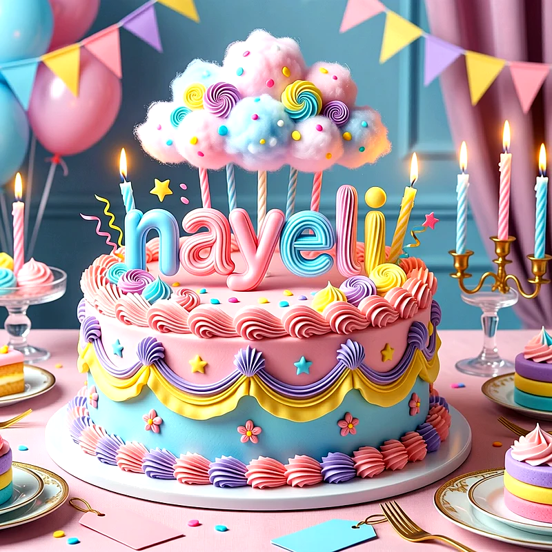Tarta de cumpleaños multicolor con tonos pastel, decorada con una nube esponjosa encima, velas encendidas, estrellas pequeñas y el nombre Nayeli escrito en letras grandes y coloridas.