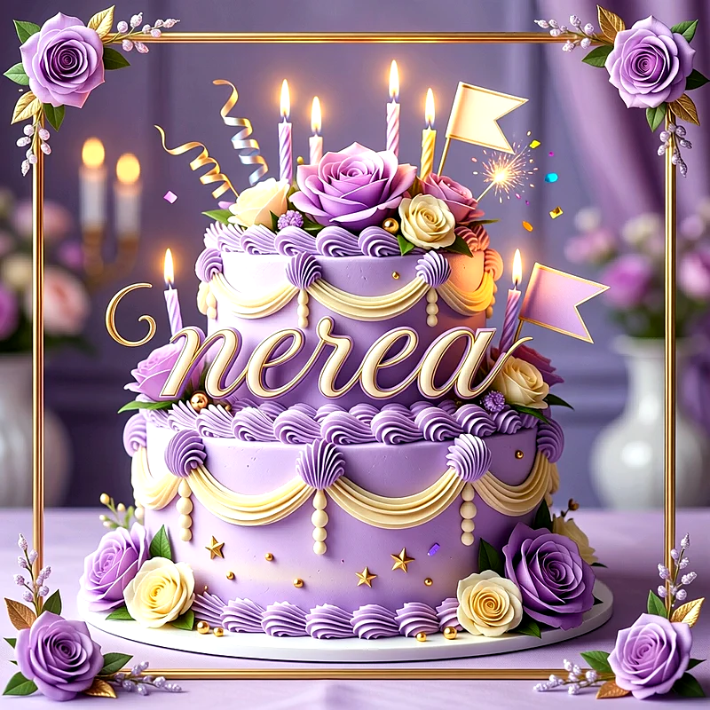 Tarta de cumpleaños de dos pisos de color lila con rosas moradas y blancas, velas encendidas y el nombre Nerea en letras doradas.
