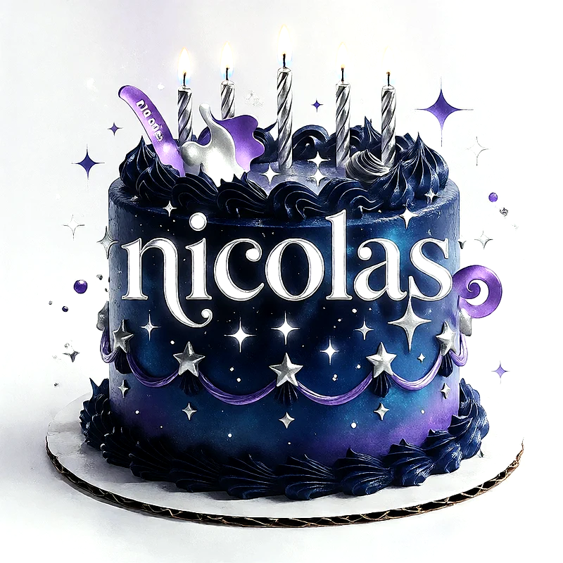 Tarta de cumpleaños de color azul oscuro con estilo espacial y estrellas plateadas, tiene velas encendidas en la parte superior y el nombre Nicolas escrito con letras grandes y blancas en el centro del pastel.