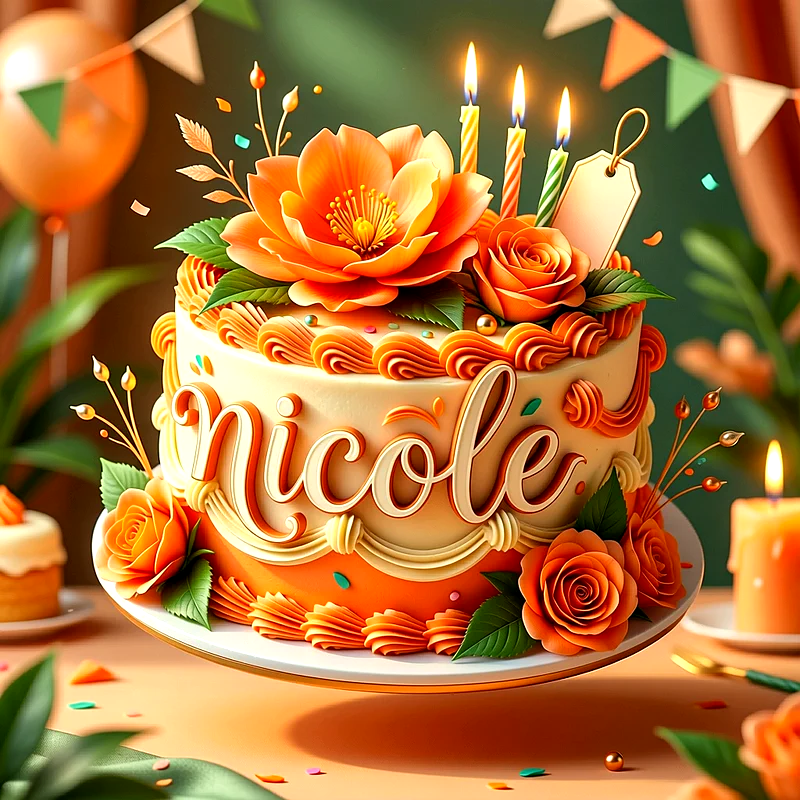 Tarta de cumpleaños decorada con flores en tonos naranja, velas encendidas y el nombre Nicole destacado en la parte frontal.