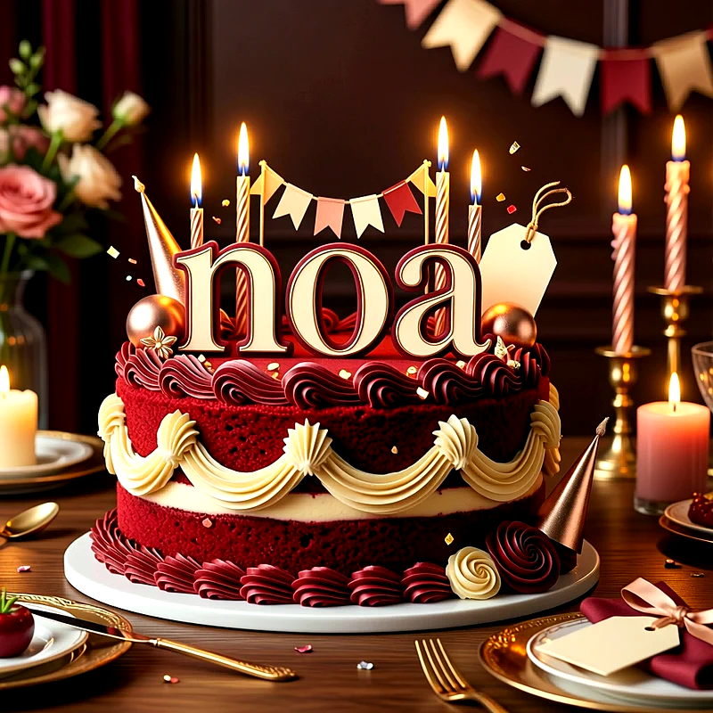Tarta de cumpleaños roja con crema blanca decorativa, velas encendidas, banderines festivos y el nombre Noa escrito en letras grandes y claras en la parte superior.
