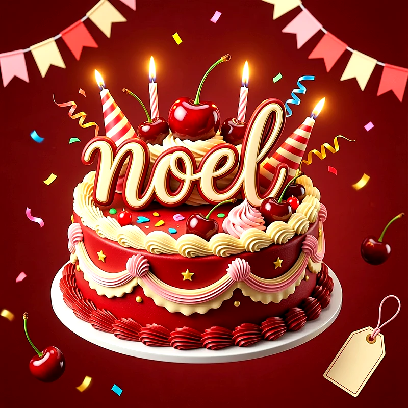 Tarta de cumpleaños de color rojo decorada con cerezas grandes, velas encendidas y el nombre Noel escrito en letras grandes de color crema.