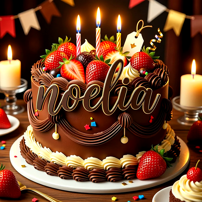 Tarta de cumpleaños de chocolate decorada con fresas frescas, crema y velas encendidas, con el nombre Noelia escrito al frente en letras doradas.